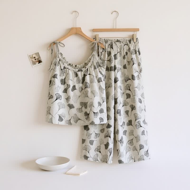 Ensemble de détente Ownkoti Vintage Ginkgo Leaf Cotton Cami Loungewear Set - Blanc - XL - image 7