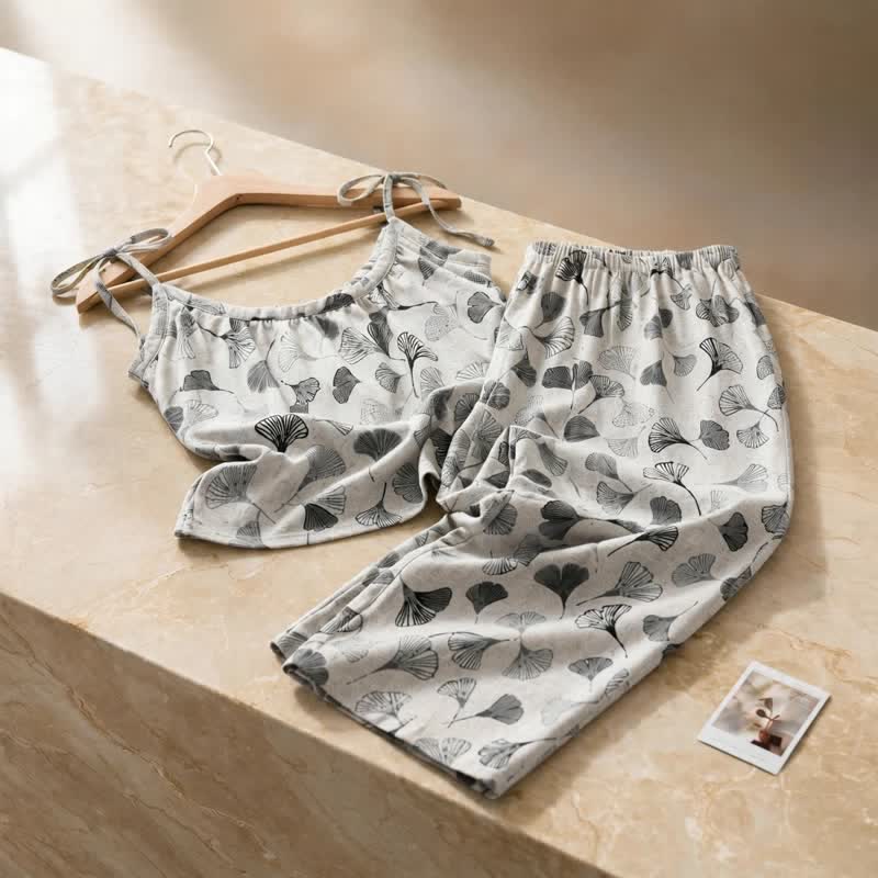 Ensemble de détente Ownkoti Vintage Ginkgo Leaf Cotton Cami Loungewear Set - image 9
