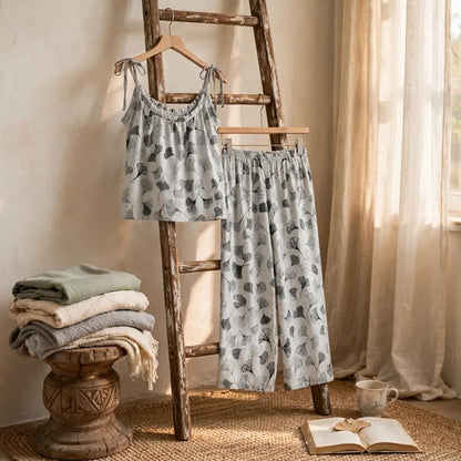 Ensemble de détente Ownkoti Vintage Ginkgo Leaf Cotton Cami Loungewear Set - image 8
