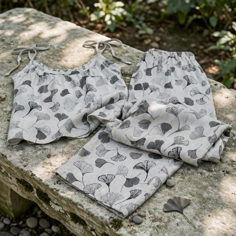 Ensemble de détente Ownkoti Vintage Ginkgo Leaf Cotton Cami Loungewear Set - image 10