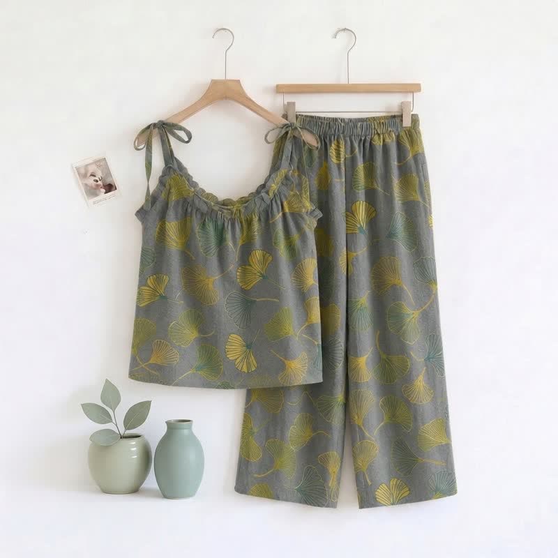 Ensemble de détente Ownkoti rétro botanique à motif de feuilles de ginkgo en coton, débardeur et camisole - Gris - XL - image 7