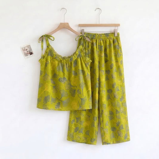 Ensemble de détente Ownkoti rétro botanique à motif de feuilles de ginkgo en coton, débardeur et camisole - Vert - XL - image 0