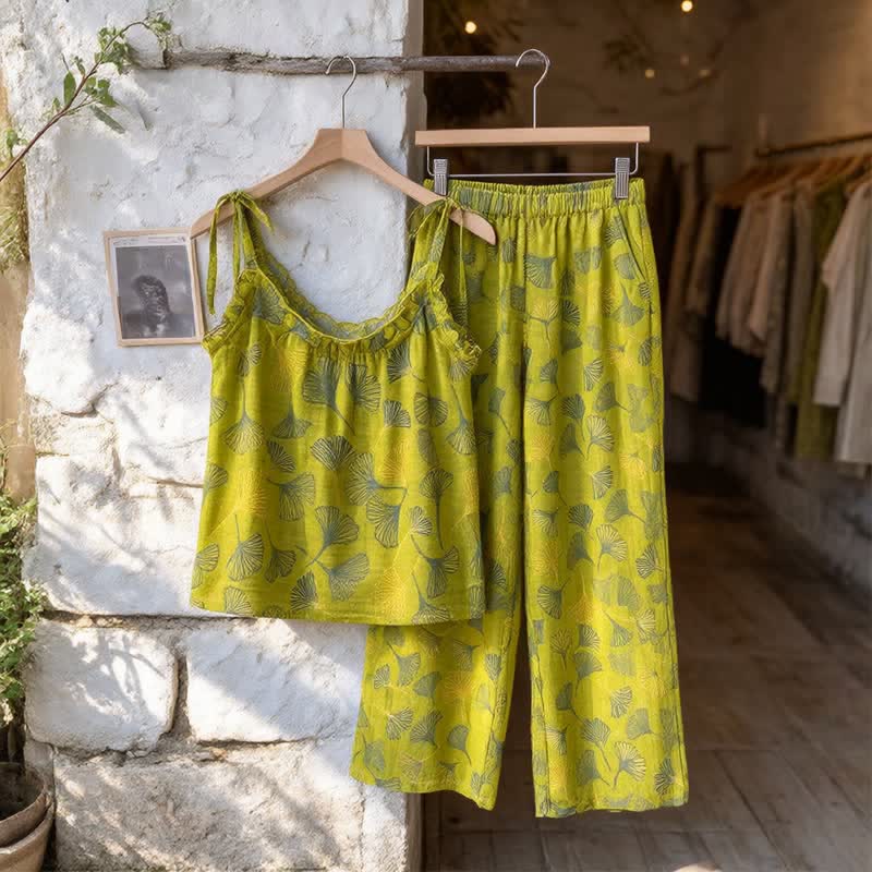 Ensemble de détente Ownkoti rétro botanique à motif de feuilles de ginkgo en coton, débardeur et camisole - image 2
