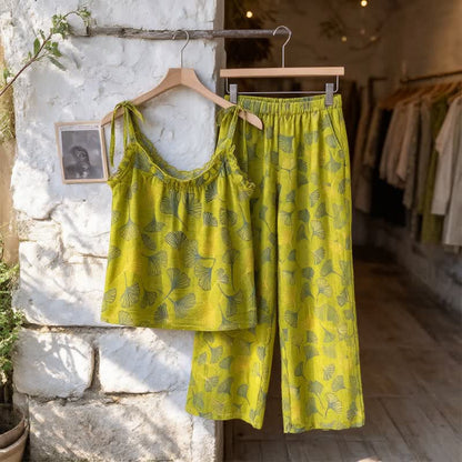 Ensemble de détente Ownkoti rétro botanique à motif de feuilles de ginkgo en coton, débardeur et camisole - image 2