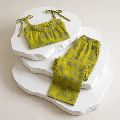 Ensemble de détente Ownkoti rétro botanique à motif de feuilles de ginkgo en coton, débardeur et camisole - image 6