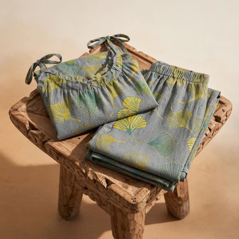 Ensemble de détente Ownkoti rétro botanique à motif de feuilles de ginkgo en coton, débardeur et camisole - image 11