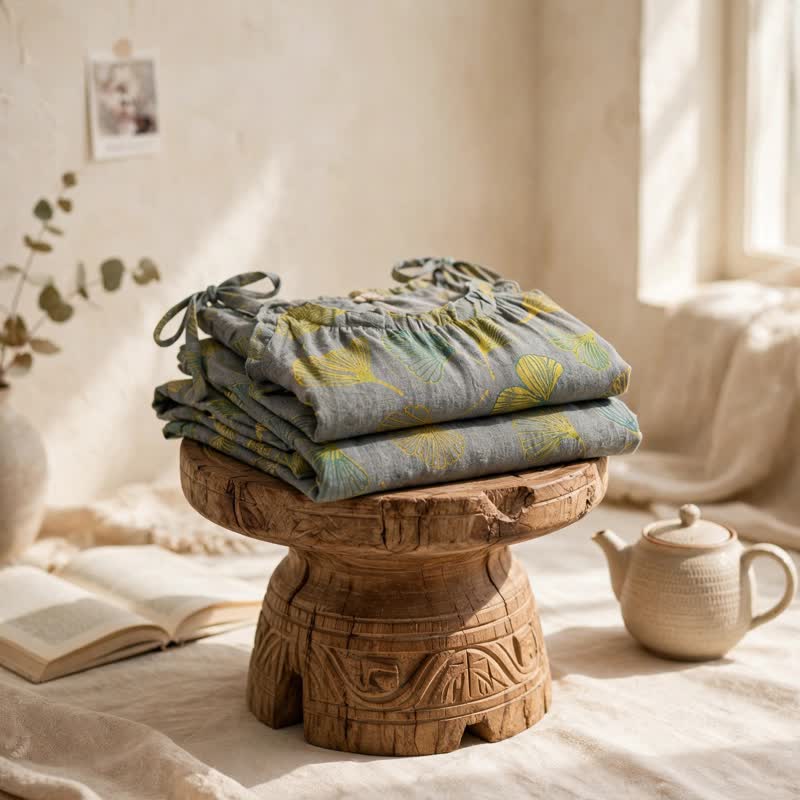 Ensemble de détente Ownkoti rétro botanique à motif de feuilles de ginkgo en coton, débardeur et camisole - image 10