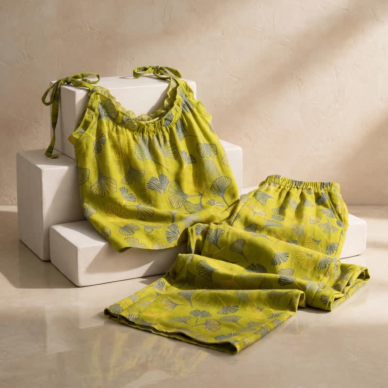 Ensemble de détente Ownkoti rétro botanique à motif de feuilles de ginkgo en coton, débardeur et camisole - image 3
