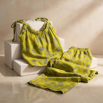 Ensemble de détente Ownkoti rétro botanique à motif de feuilles de ginkgo en coton, débardeur et camisole - image 3
