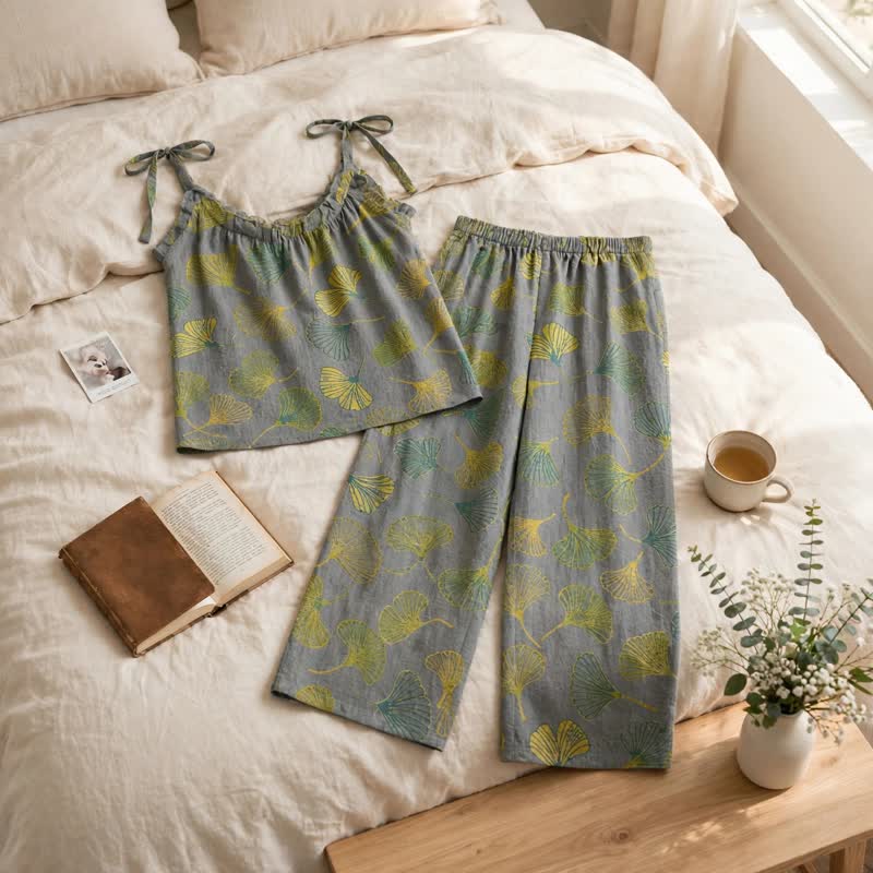 Ensemble de détente Ownkoti rétro botanique à motif de feuilles de ginkgo en coton, débardeur et camisole - image 8