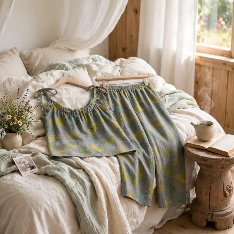 Ensemble de détente Ownkoti rétro botanique à motif de feuilles de ginkgo en coton, débardeur et camisole - image 9