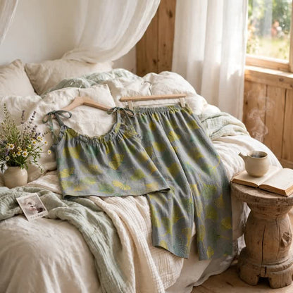 Ensemble de détente Ownkoti rétro botanique à motif de feuilles de ginkgo en coton, débardeur et camisole - image 9
