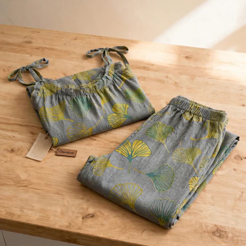 Ensemble de détente Ownkoti rétro botanique à motif de feuilles de ginkgo en coton, débardeur et camisole - image 12