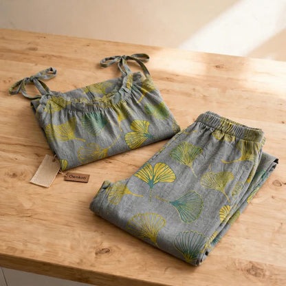 Ensemble de détente Ownkoti rétro botanique à motif de feuilles de ginkgo en coton, débardeur et camisole - image 12