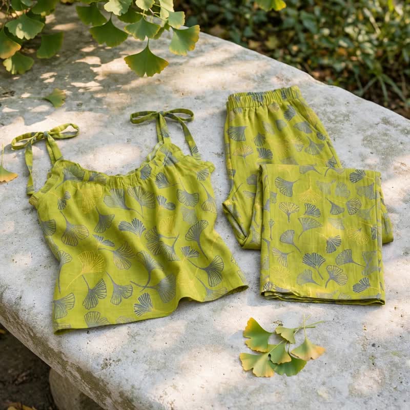 Ensemble de détente Ownkoti rétro botanique à motif de feuilles de ginkgo en coton, débardeur et camisole - image 4