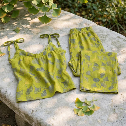 Ensemble de détente Ownkoti rétro botanique à motif de feuilles de ginkgo en coton, débardeur et camisole - image 4