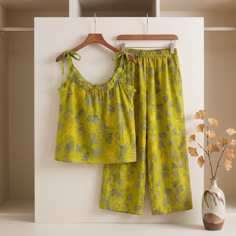 Ensemble de détente Ownkoti rétro botanique à motif de feuilles de ginkgo en coton, débardeur et camisole - image 1