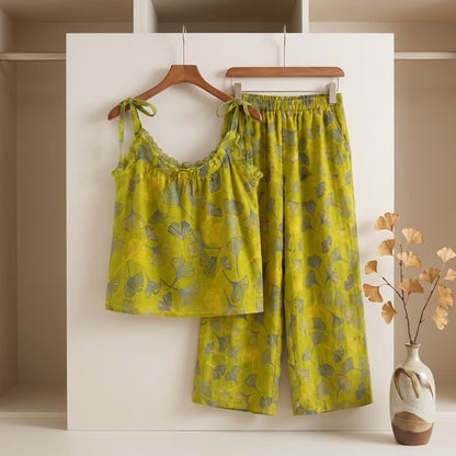 Ensemble de détente Ownkoti rétro botanique à motif de feuilles de ginkgo en coton, débardeur et camisole - image 1
