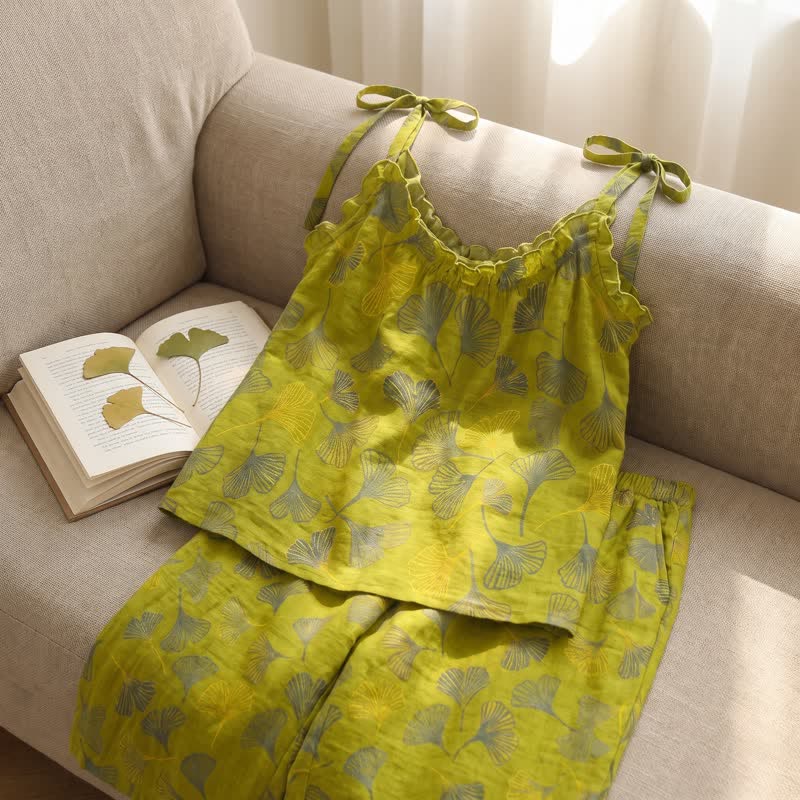 Ensemble de détente Ownkoti rétro botanique à motif de feuilles de ginkgo en coton, débardeur et camisole - image 5