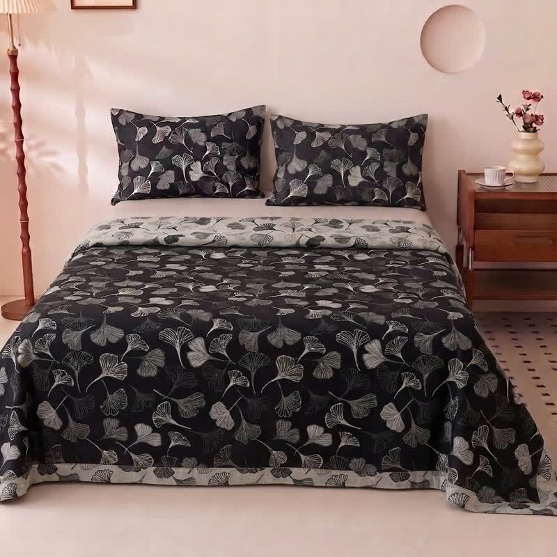 Ensemble de literie réversible en coton Ownkoti Vintage à motif feuille de ginkgo noire - image 2