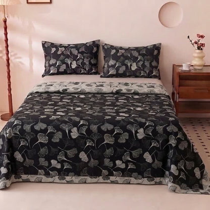 Ensemble de literie réversible en coton Ownkoti Vintage à motif feuille de ginkgo noire - image 2