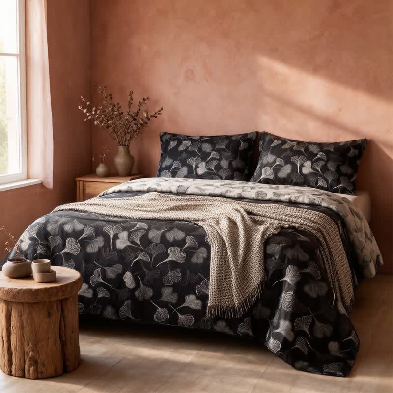 Ensemble de literie réversible en coton Ownkoti Vintage à motif feuille de ginkgo noire - image 4