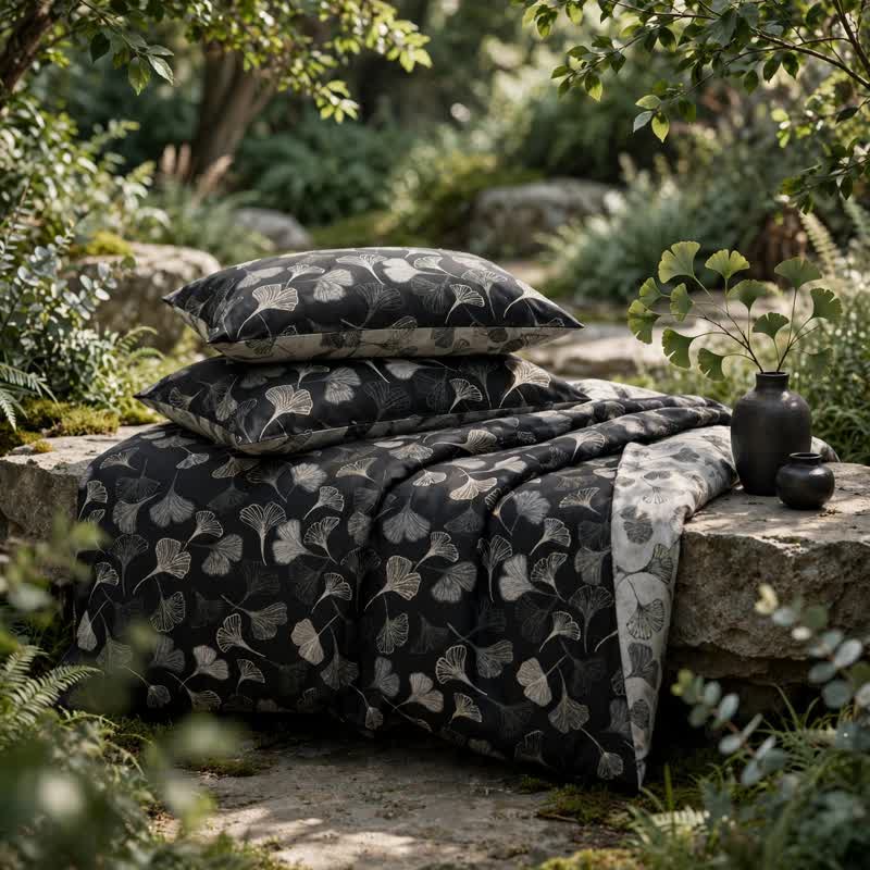 Ensemble de literie réversible en coton Ownkoti Vintage à motif feuille de ginkgo noire - Noir - 2 taies d'oreiller - 40" x 20" - image 5