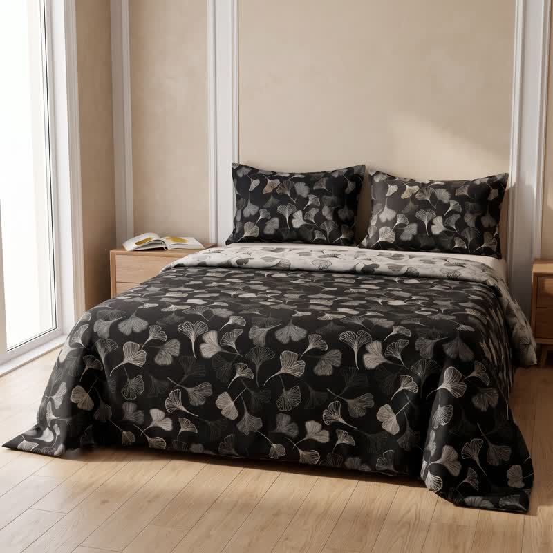 Ensemble de literie réversible en coton Ownkoti Vintage à motif feuille de ginkgo noire - image 3