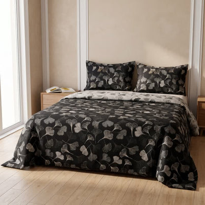 Ensemble de literie réversible en coton Ownkoti Vintage à motif feuille de ginkgo noire - image 3