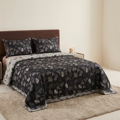 Ensemble de literie réversible en coton Ownkoti Vintage à motif feuille de ginkgo noire - image 1