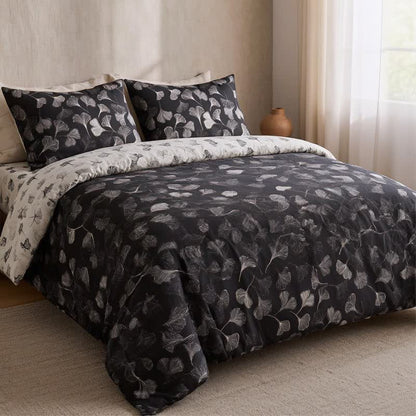 Ensemble de literie réversible en coton Ownkoti Vintage à motif feuille de ginkgo noire - Noir - 2 taies d'oreiller - 20 po x 37 po - image 1