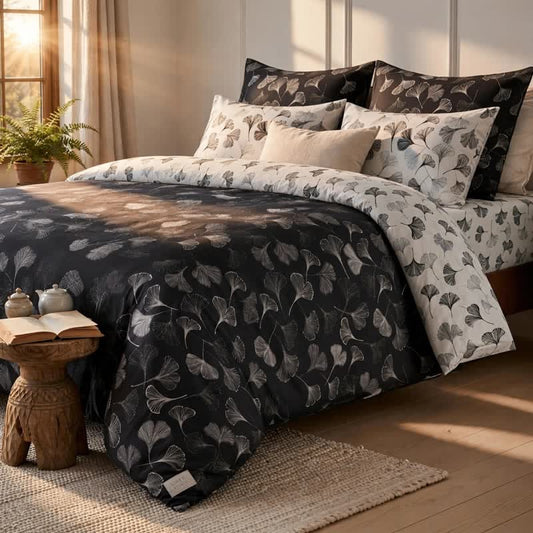 Ensemble de literie réversible en coton Ownkoti Vintage à motif feuille de ginkgo noire - Noir - Ensemble de literie (4 pièces) - Roi - image 0