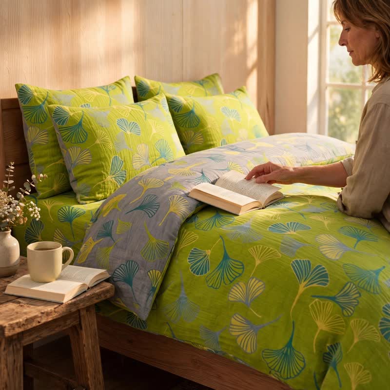 Ensemble de literie réversible en coton vert vintage à motif de feuilles de ginkgo Ownkoti - image 3