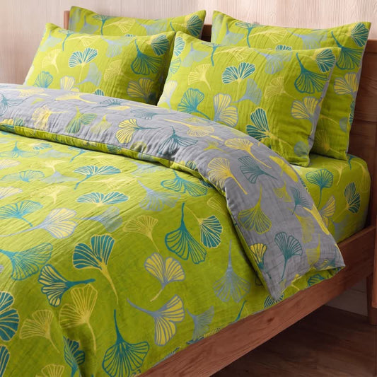 Ensemble de literie réversible en coton vert vintage à motif de feuilles de ginkgo Ownkoti - Vert - 2 taies d'oreiller - 20 po x 37 po - image 0