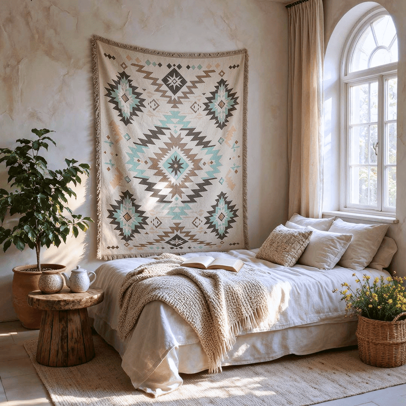 Jeté décoratif à pompons géométriques bohèmes du sud-ouest d'Ownkoti - image 3