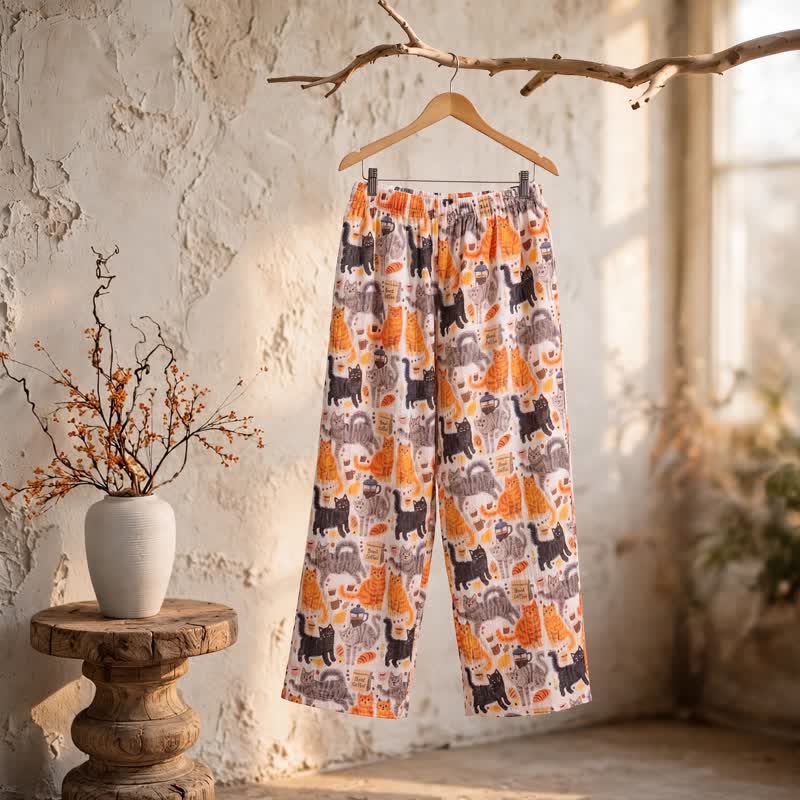 Pantalon de détente en coton Ownkoti avec motif chat orange - image 1
