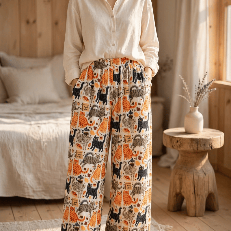 Pantalon de détente en coton Ownkoti avec motif chat orange - image 2