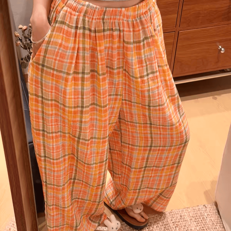 Pantalon de détente en coton à carreaux orange-soda Ownkoti - image 1