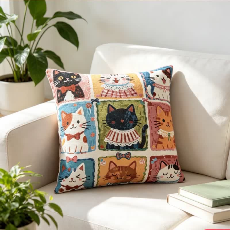 Coussin en coton Ownkoti à motif quadrillé fantaisiste de chatons multiples - 18 po x 18 po - Avec insert - image 0