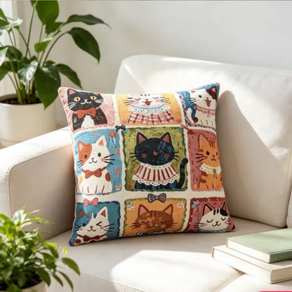 Coussin en coton Ownkoti à motif quadrillé fantaisiste de chatons multiples - 18 po x 18 po - Avec insert - image 0