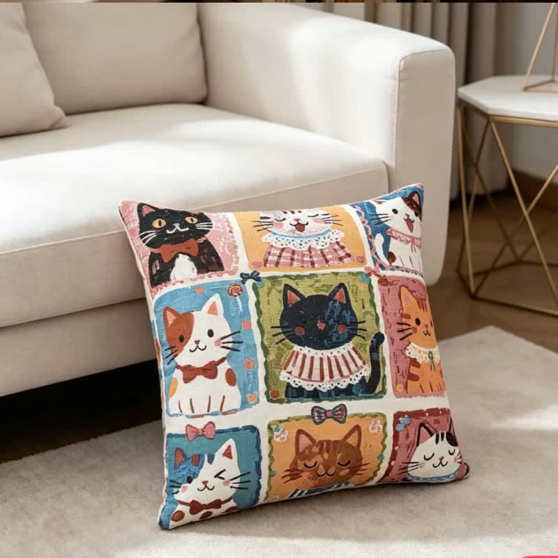 Coussin en coton Ownkoti à motif quadrillé fantaisiste de chatons multiples - image 1