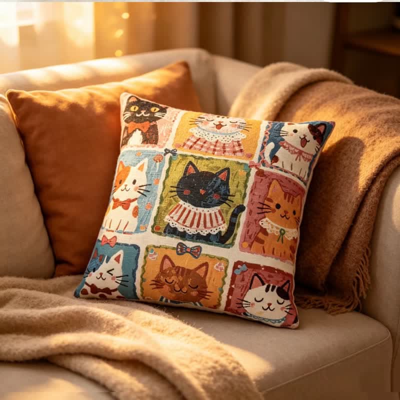 Coussin en coton Ownkoti à motif quadrillé fantaisiste de chatons multiples - image 4
