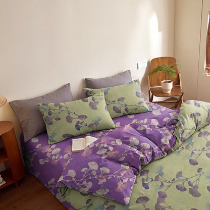 Ensemble de literie réversible en coton à motif feuille de ginkgo rétro Ownkoti - Vert et violet - Ensemble de literie (4 pièces) - Reine - image 7