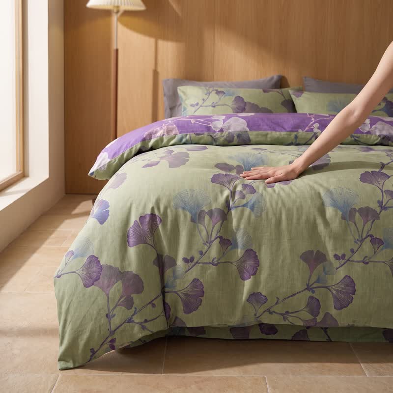 Ensemble de literie réversible en coton à motif feuille de ginkgo rétro Ownkoti - image 10