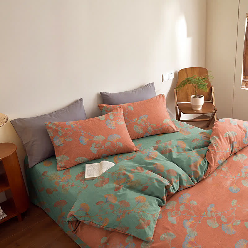 Ensemble de literie réversible en coton à motif feuille de ginkgo rétro Ownkoti - image 19