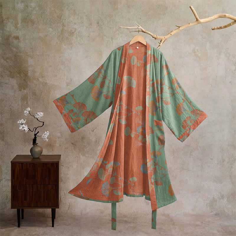 Kimono rétro en coton à feuilles de ginkgo Ownkoti - Vert et rouge - XL - image 0