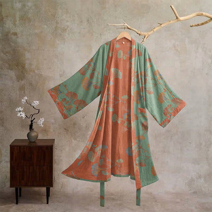 Kimono rétro en coton à feuilles de ginkgo Ownkoti - Vert et rouge - XL - image 0