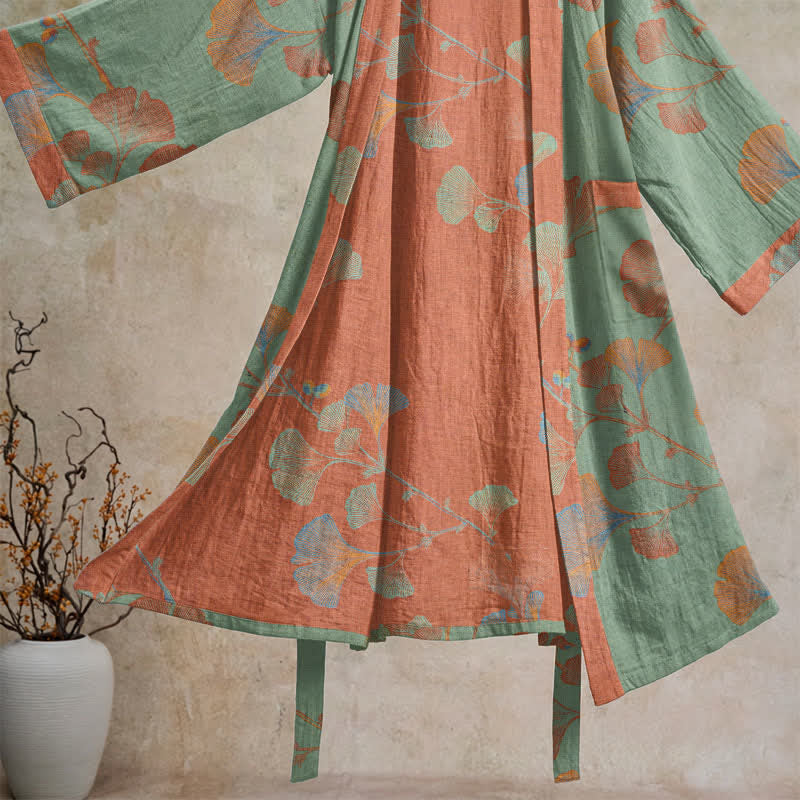 Kimono rétro en coton à feuilles de ginkgo Ownkoti - image 2