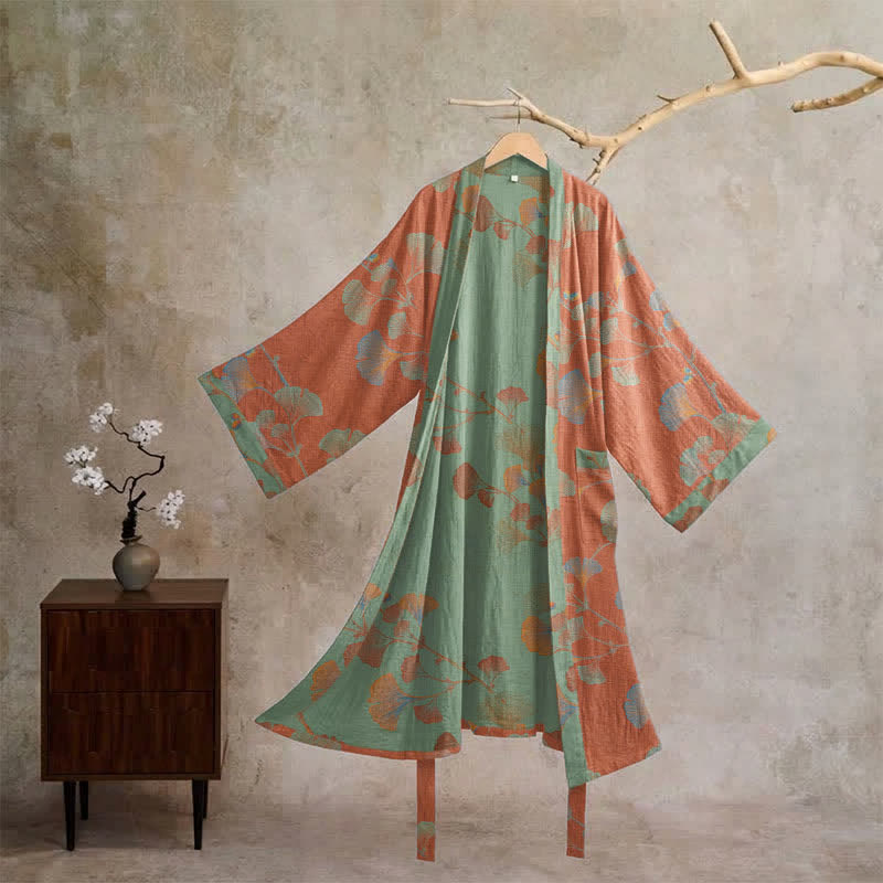 Kimono rétro en coton à feuilles de ginkgo Ownkoti - Rouge et vert - XL - image 6