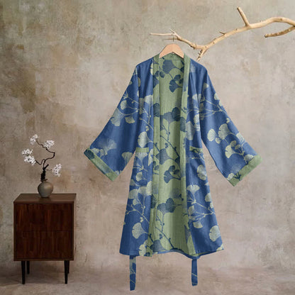 Kimono rétro en coton à feuilles de ginkgo Ownkoti - Bleu foncé et vert gazon - XL - image 12